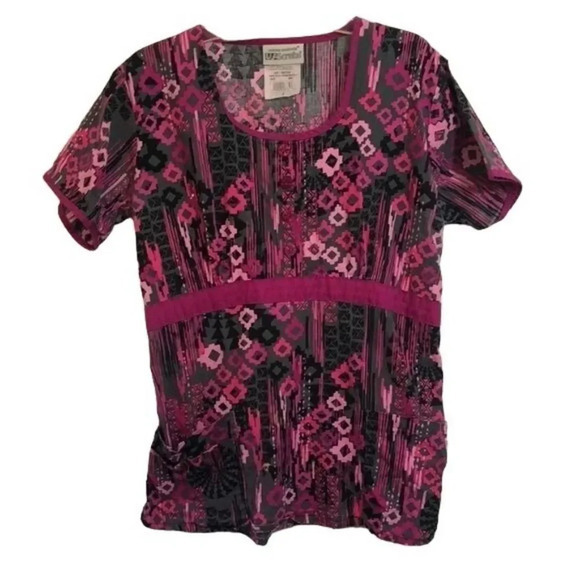 Scrubs Top Grey Pink Floral Print Short Sleeve Uniform‎ Medical Nursing - Picture 1 of 12